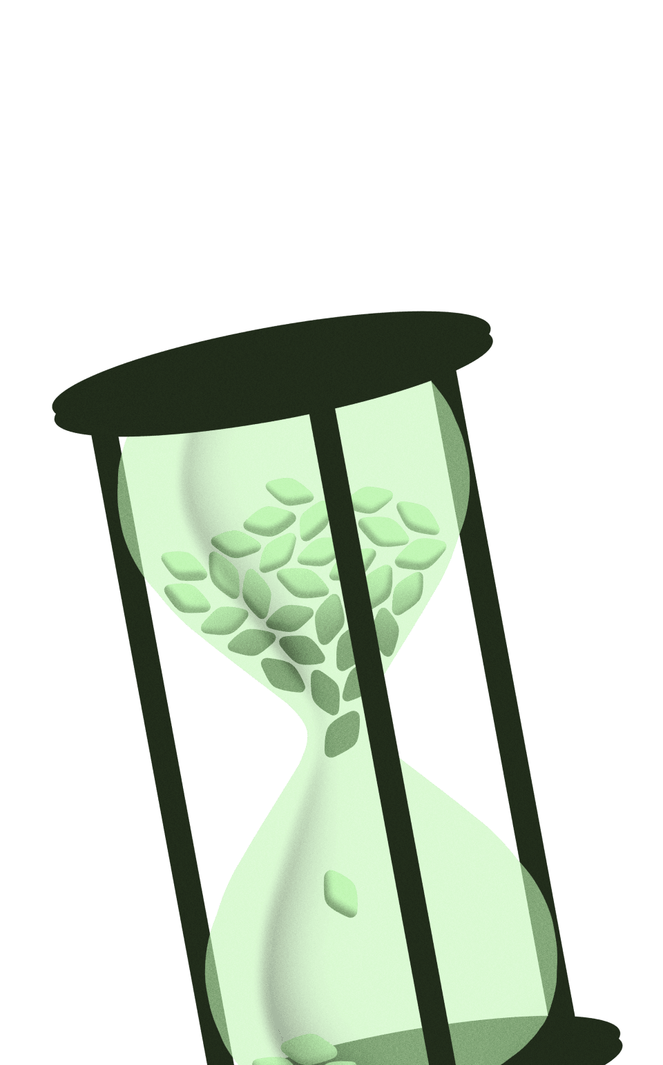 Illustration of a green hourglass containing pills shaped similar to Viagra rather than sand.